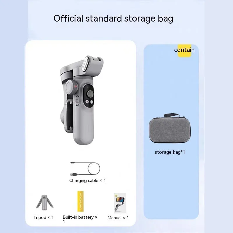Silver grey smartphone gimbal stabiliser with extended arms and Bluetooth remote on a black background.