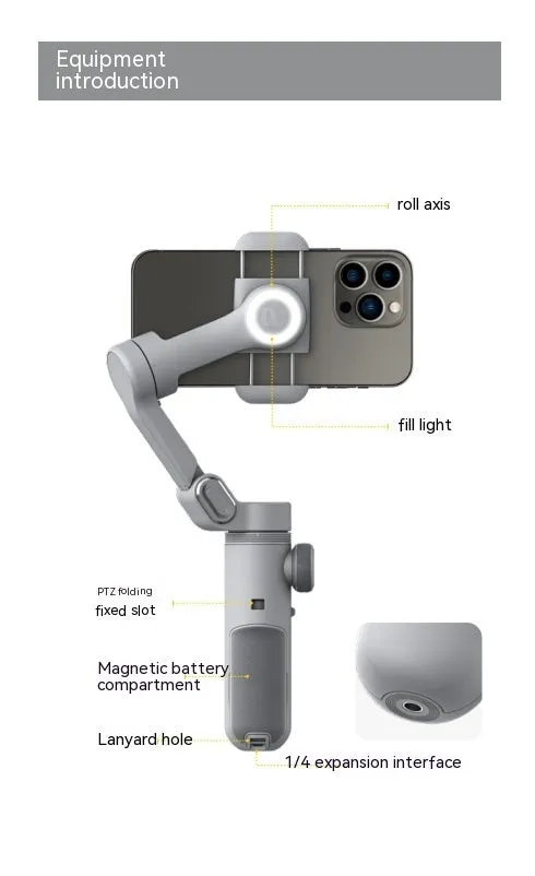 Silver grey smartphone gimbal stabiliser with extended arms and Bluetooth remote on a black background.