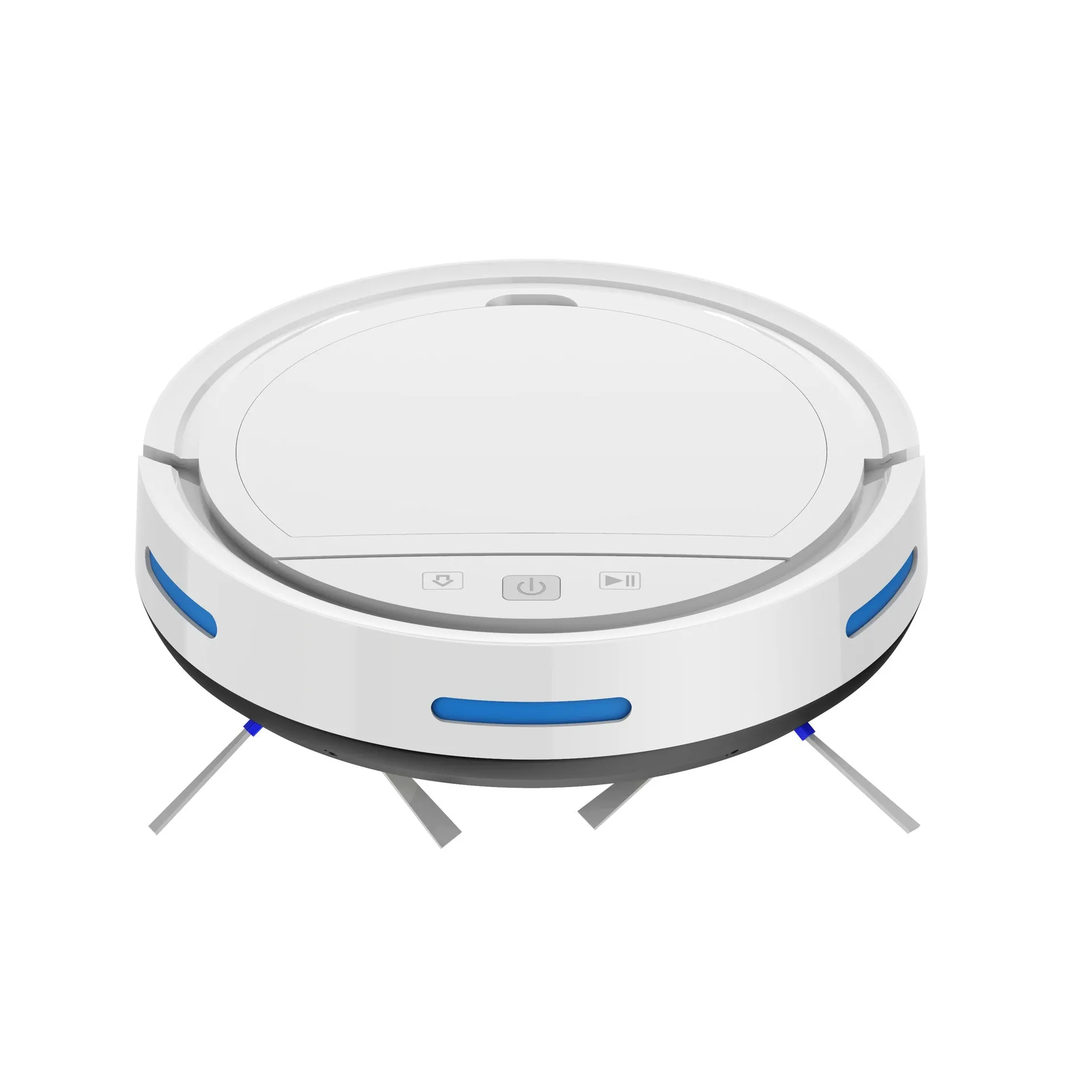 Black automatic recharge vacuum cleaner with remote control on a hard floor, showing its charging base