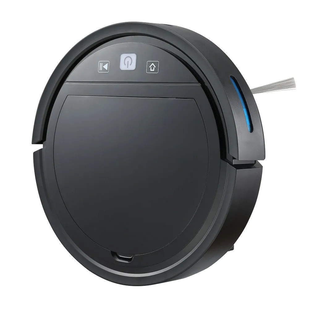 Black automatic recharge vacuum cleaner with remote control on a hard floor, showing its charging base