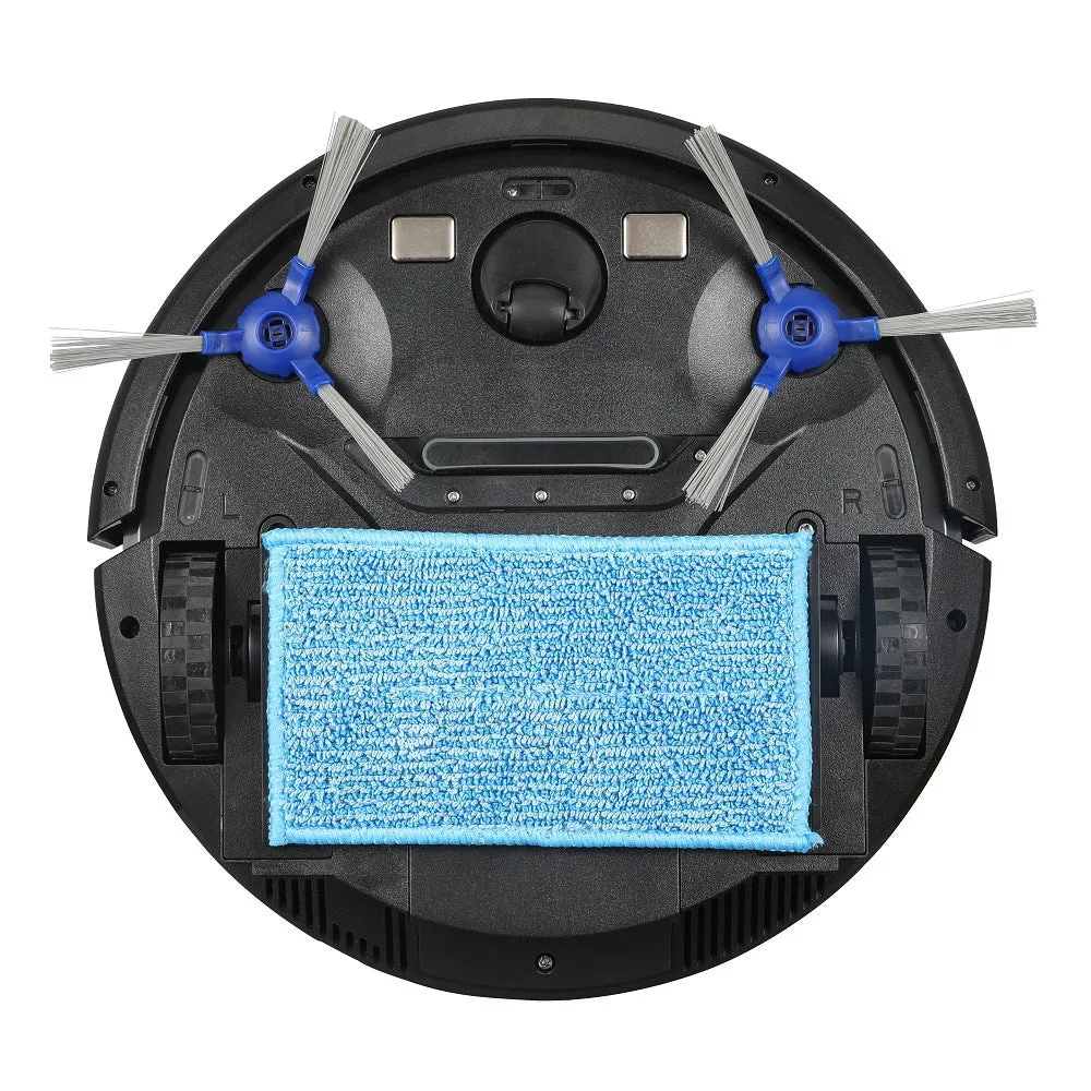 Black automatic recharge vacuum cleaner with remote control on a hard floor, showing its charging base