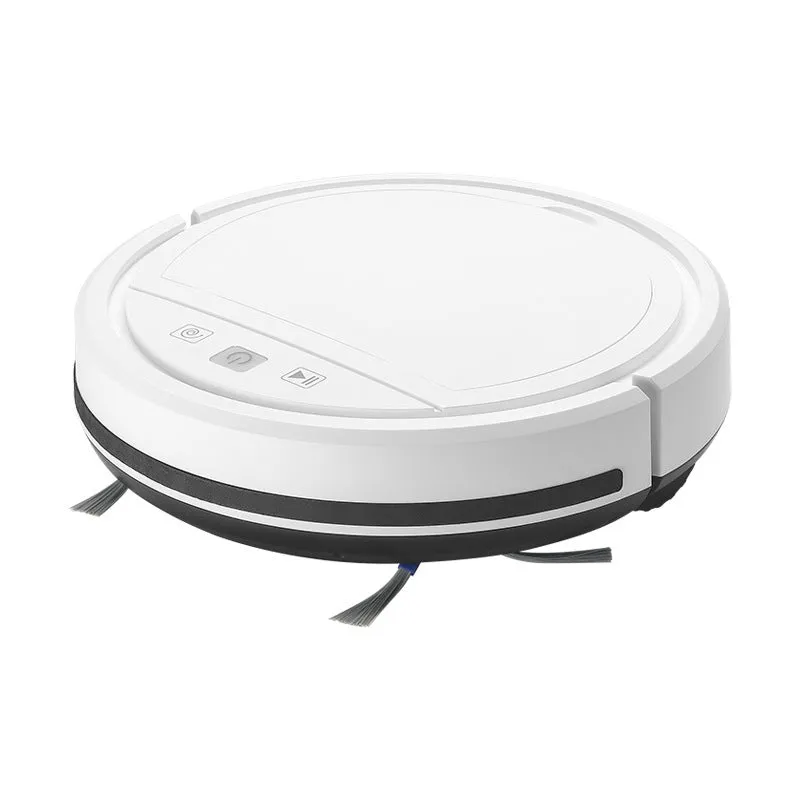 Black automatic recharge vacuum cleaner with remote control on a hard floor, showing its charging base