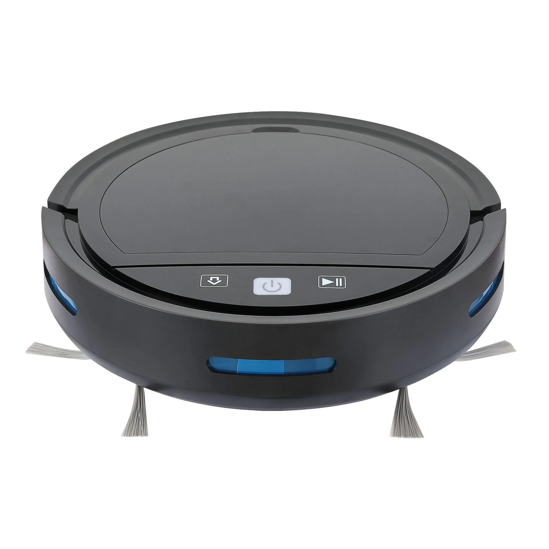 Black automatic recharge vacuum cleaner with remote control on a hard floor, showing its charging base