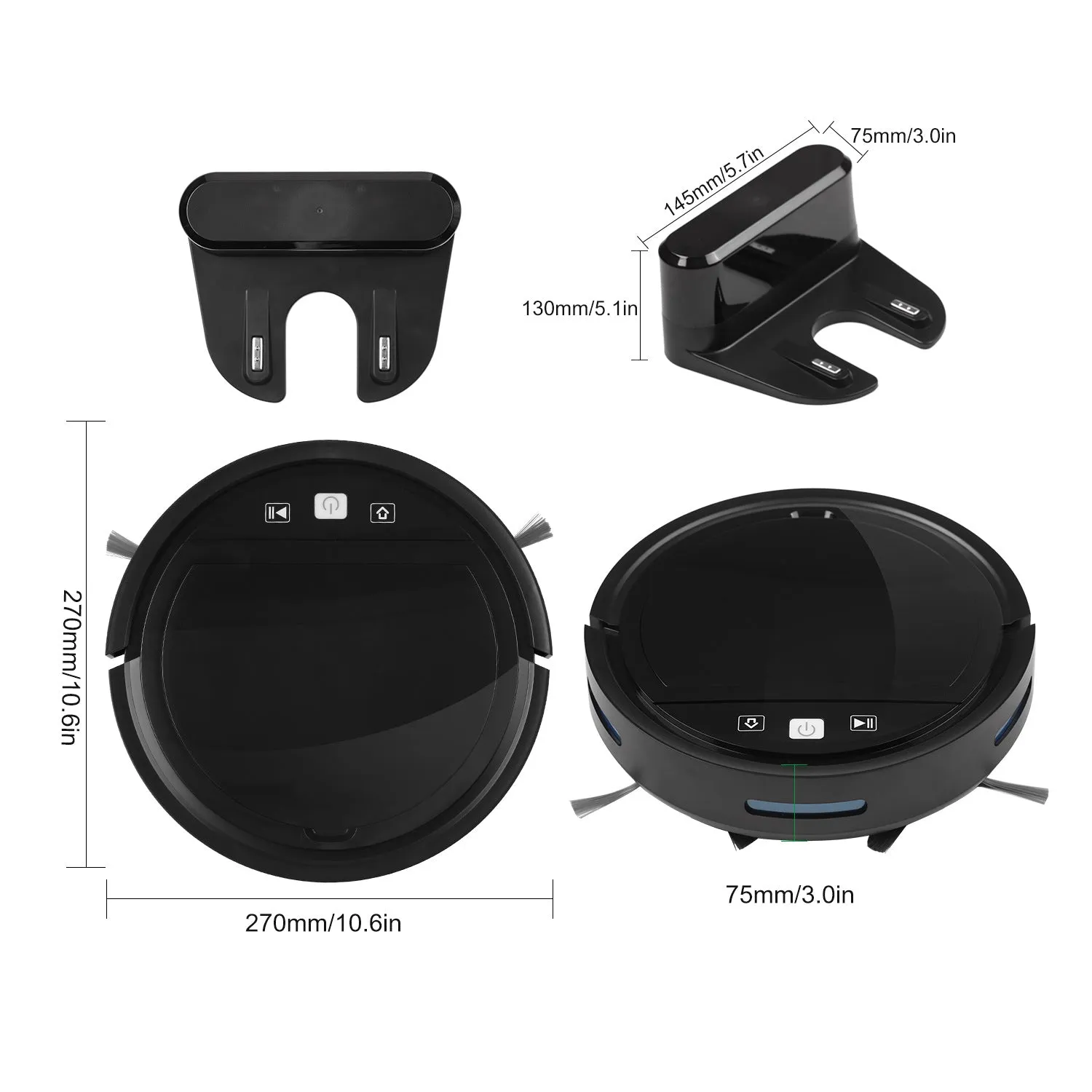 Black automatic recharge vacuum cleaner with remote control on a hard floor, showing its charging base
