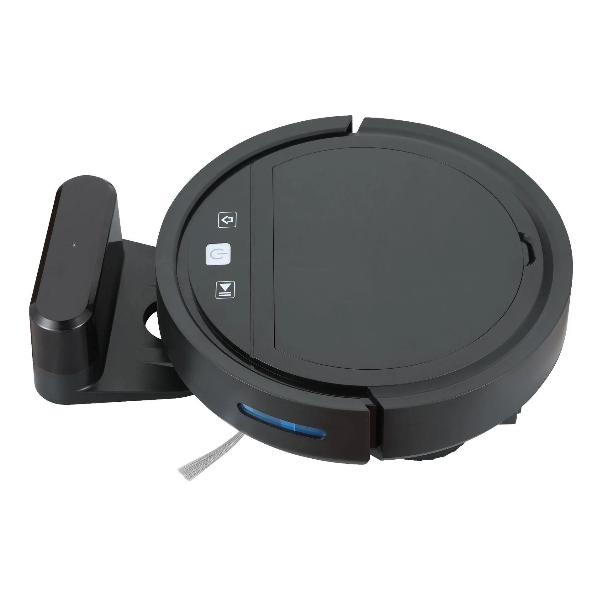 Black automatic recharge vacuum cleaner with remote control on a hard floor, showing its charging base