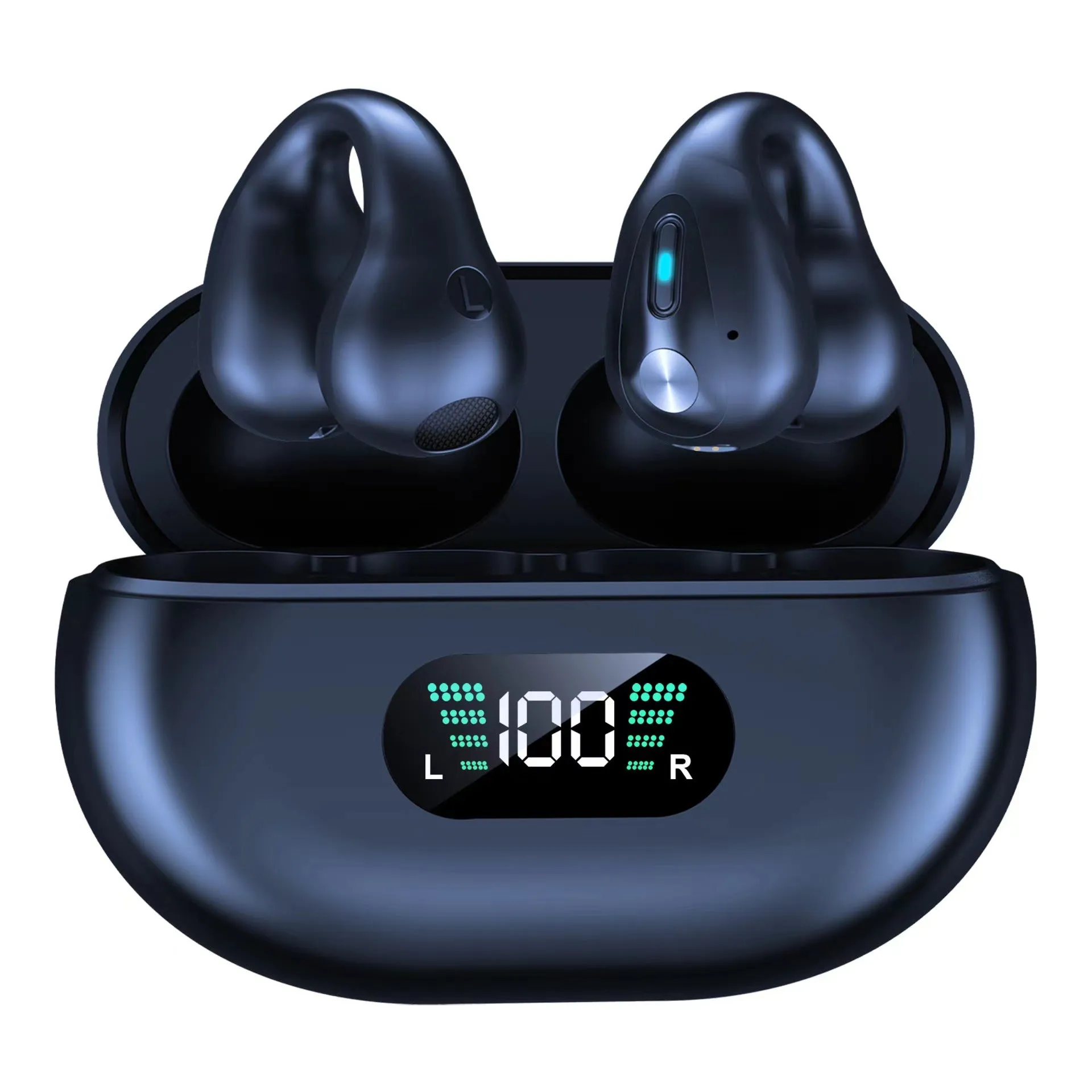 Wireless in-ear Bluetooth 5.3 headset with ear clip design in black, white, and khaki on charging case