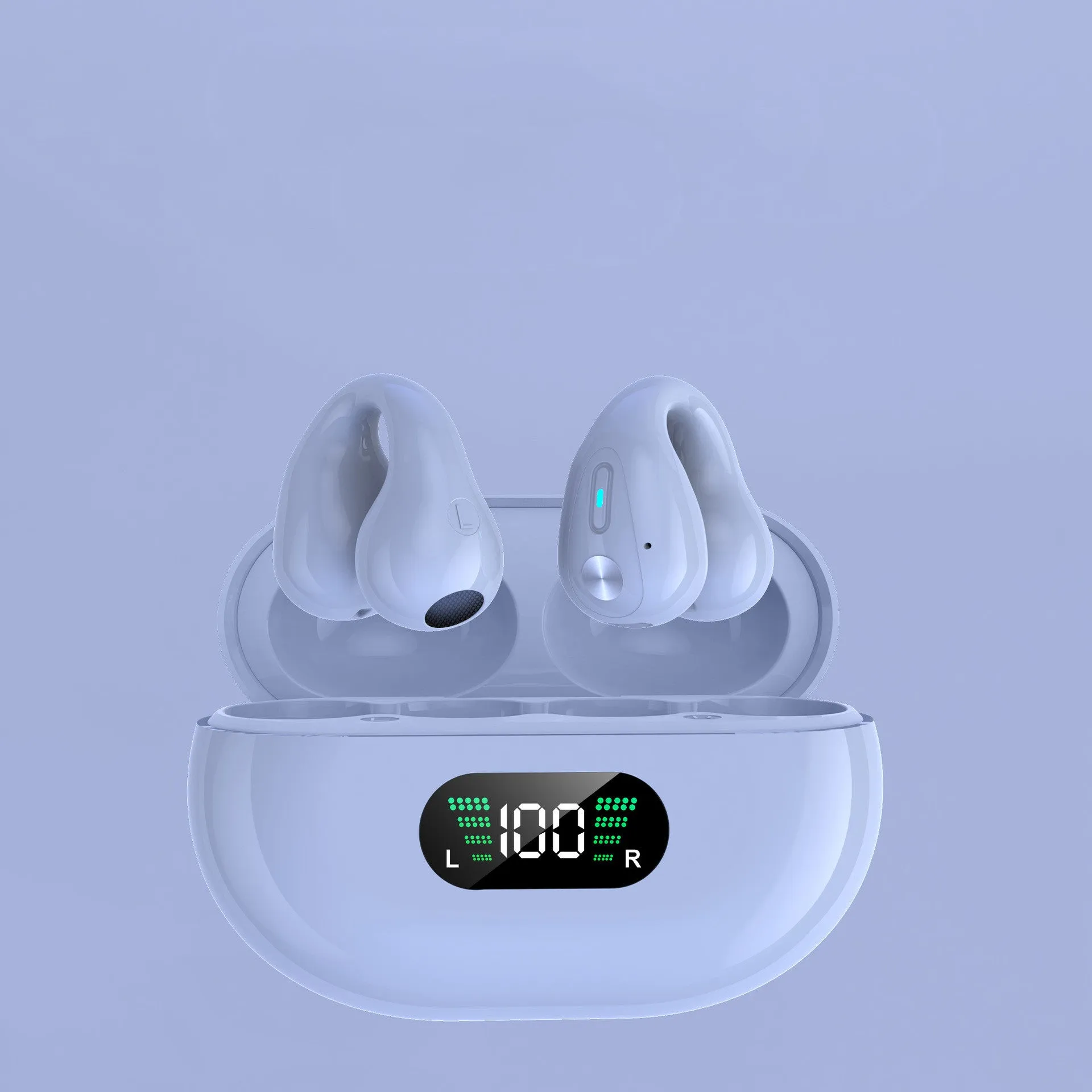Wireless in-ear Bluetooth 5.3 headset with ear clip design in black, white, and khaki on charging case