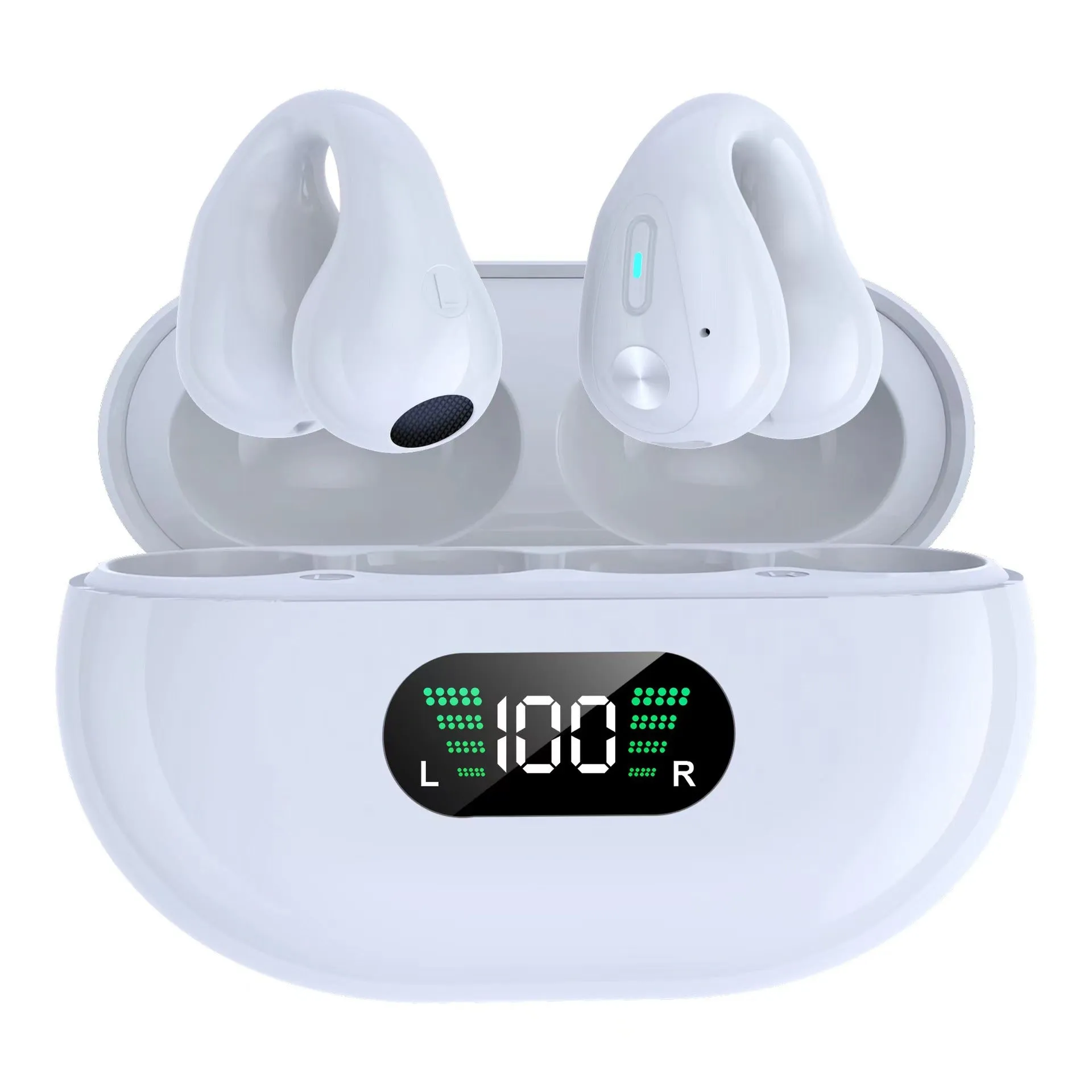Wireless in-ear Bluetooth 5.3 headset with ear clip design in black, white, and khaki on charging case