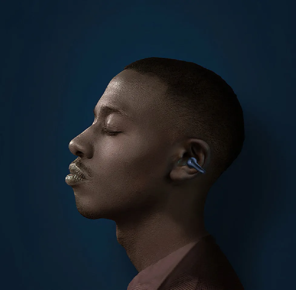 Wireless in-ear Bluetooth 5.3 headset with ear clip design in black, white, and khaki on charging case