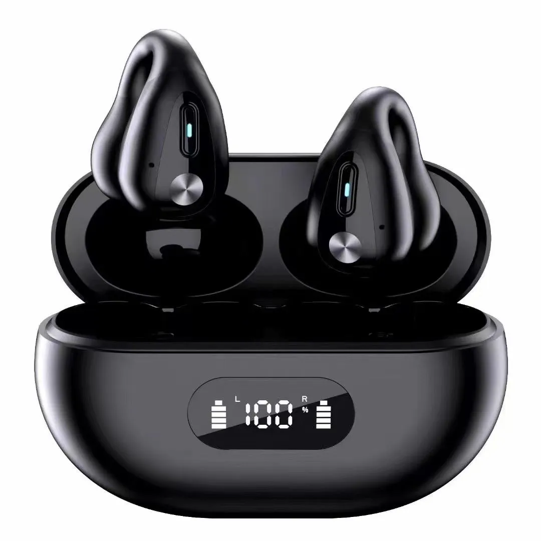 Wireless in-ear Bluetooth 5.3 headset with ear clip design in black, white, and khaki on charging case