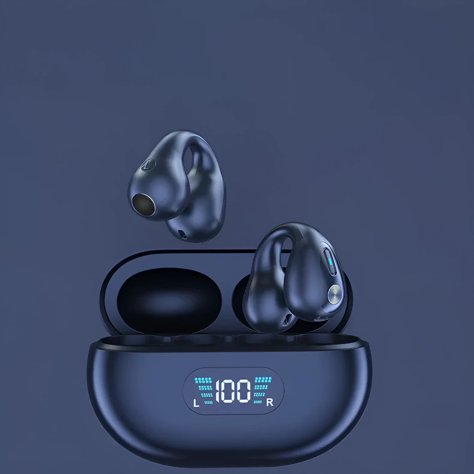 Wireless in-ear Bluetooth 5.3 headset with ear clip design in black, white, and khaki on charging case
