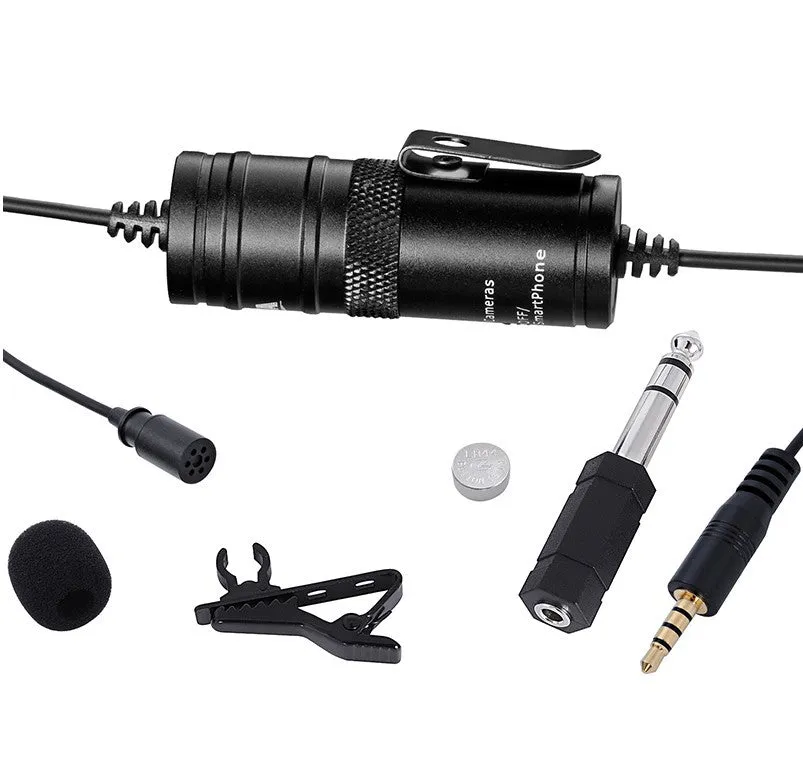 Black lavalier microphone professional camera with clip and 3.5mm plug