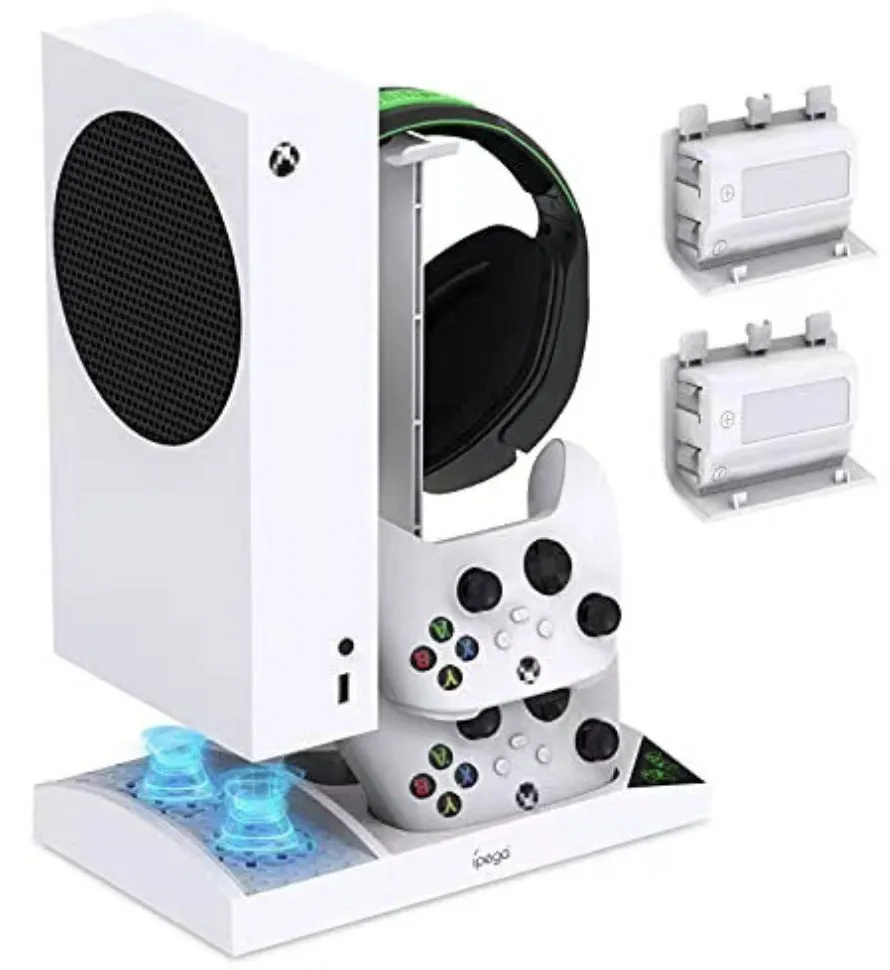 Xbox Series S cooling charger base with dual fans, earphone rack, and two battery packs in ABS