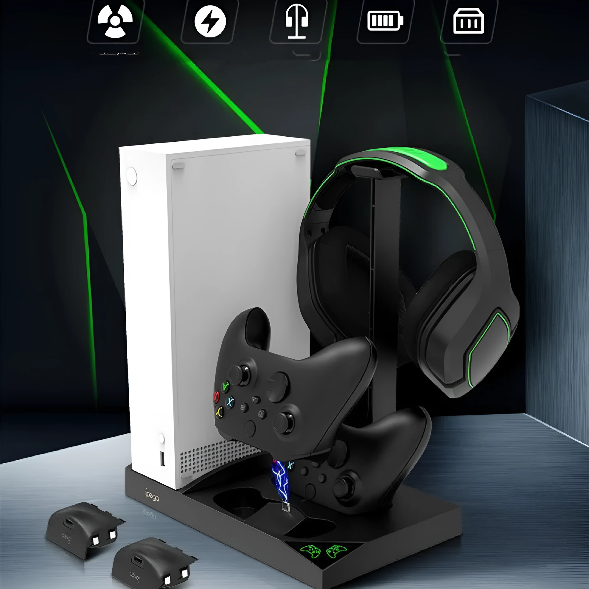 Xbox Series S cooling charger base with dual fans, earphone rack, and two battery packs in ABS
