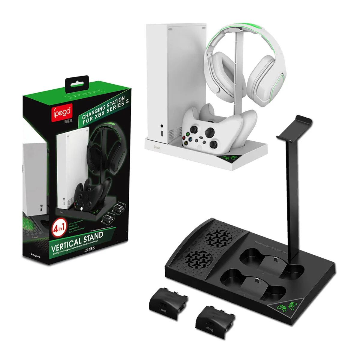 Xbox Series S cooling charger base with dual fans, earphone rack, and two battery packs in ABS