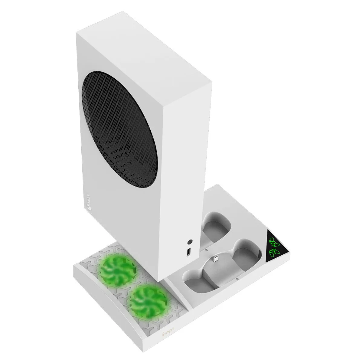 Xbox Series S cooling charger base with dual fans, earphone rack, and two battery packs in ABS