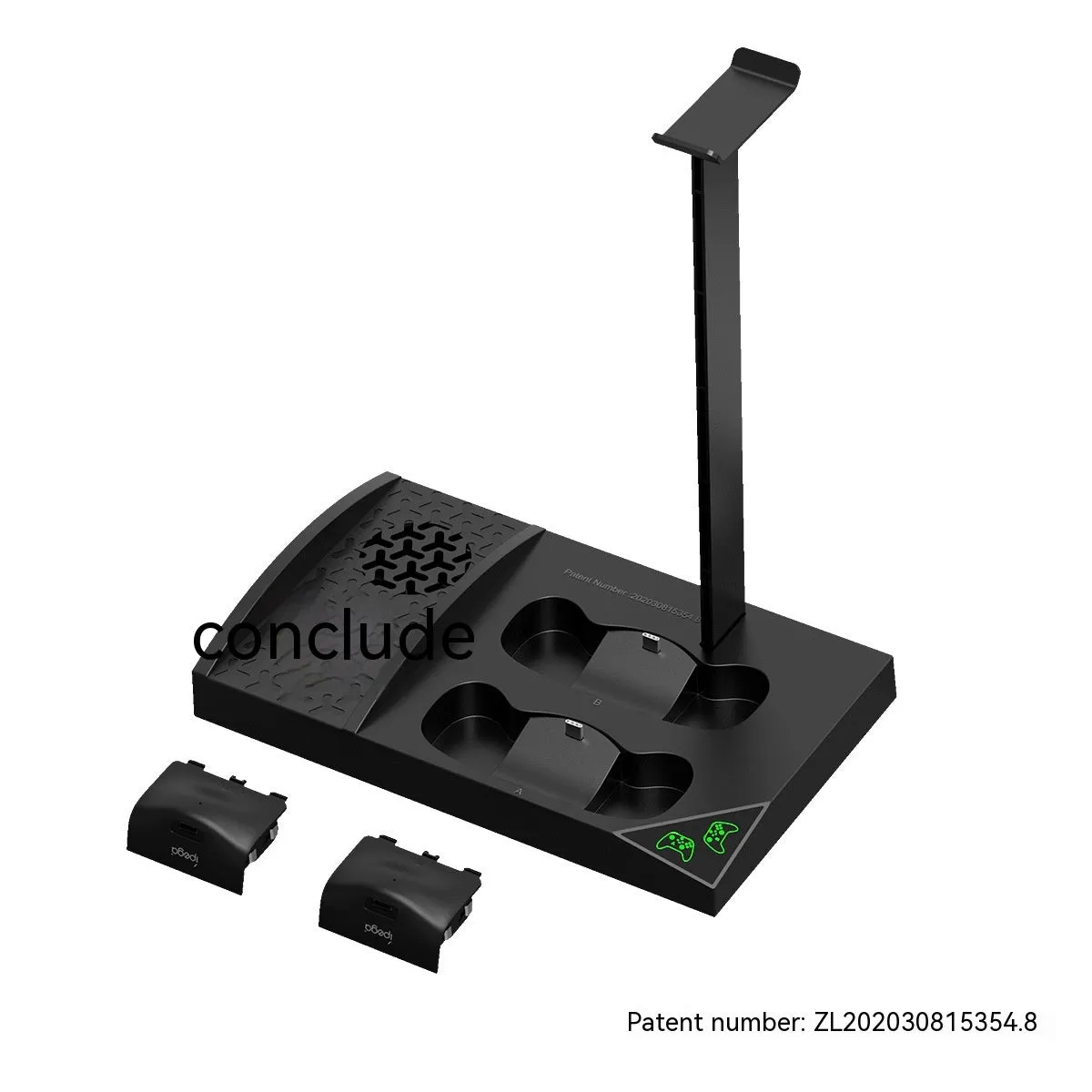 Xbox Series S cooling charger base with dual fans, earphone rack, and two battery packs in ABS