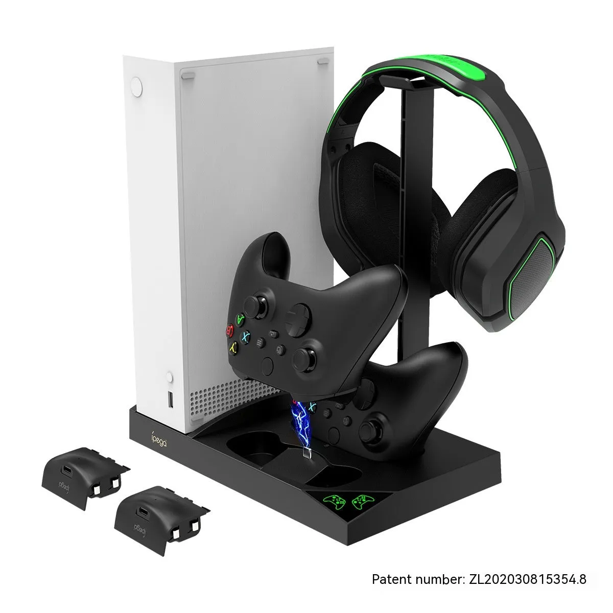 Xbox Series S cooling charger base with dual fans, earphone rack, and two battery packs in ABS