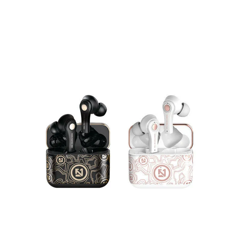 TS-100 TWS wireless headphones in black and white with charging case