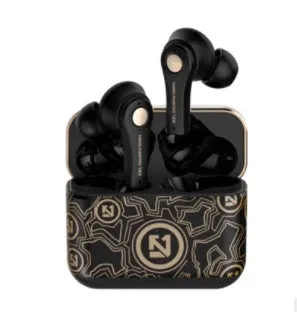 TS-100 TWS wireless headphones in black and white with charging case