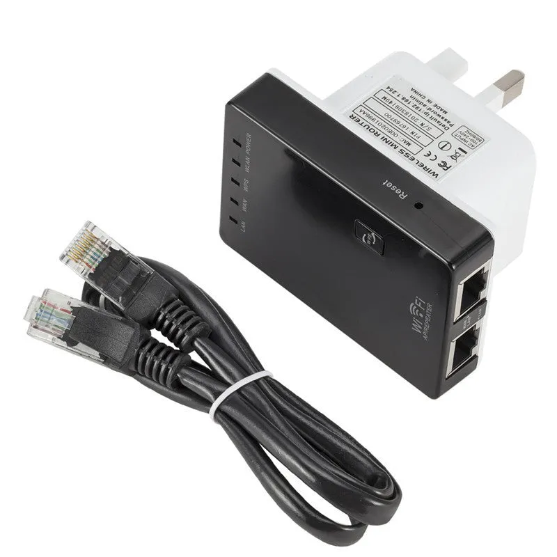 300M mini wireless signal repeater in black with dual network ports and lightning protection