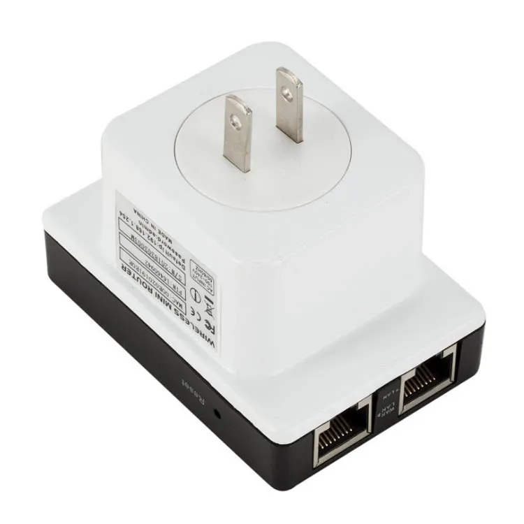 300M mini wireless signal repeater in black with dual network ports and lightning protection