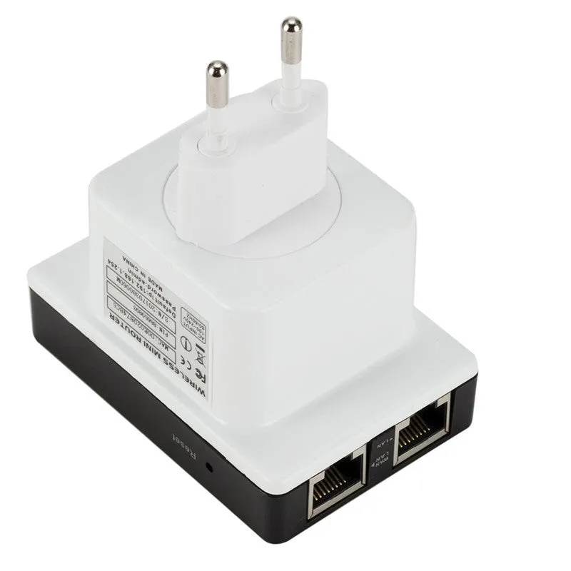 300M mini wireless signal repeater in black with dual network ports and lightning protection