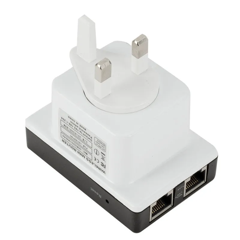 300M mini wireless signal repeater in black with dual network ports and lightning protection