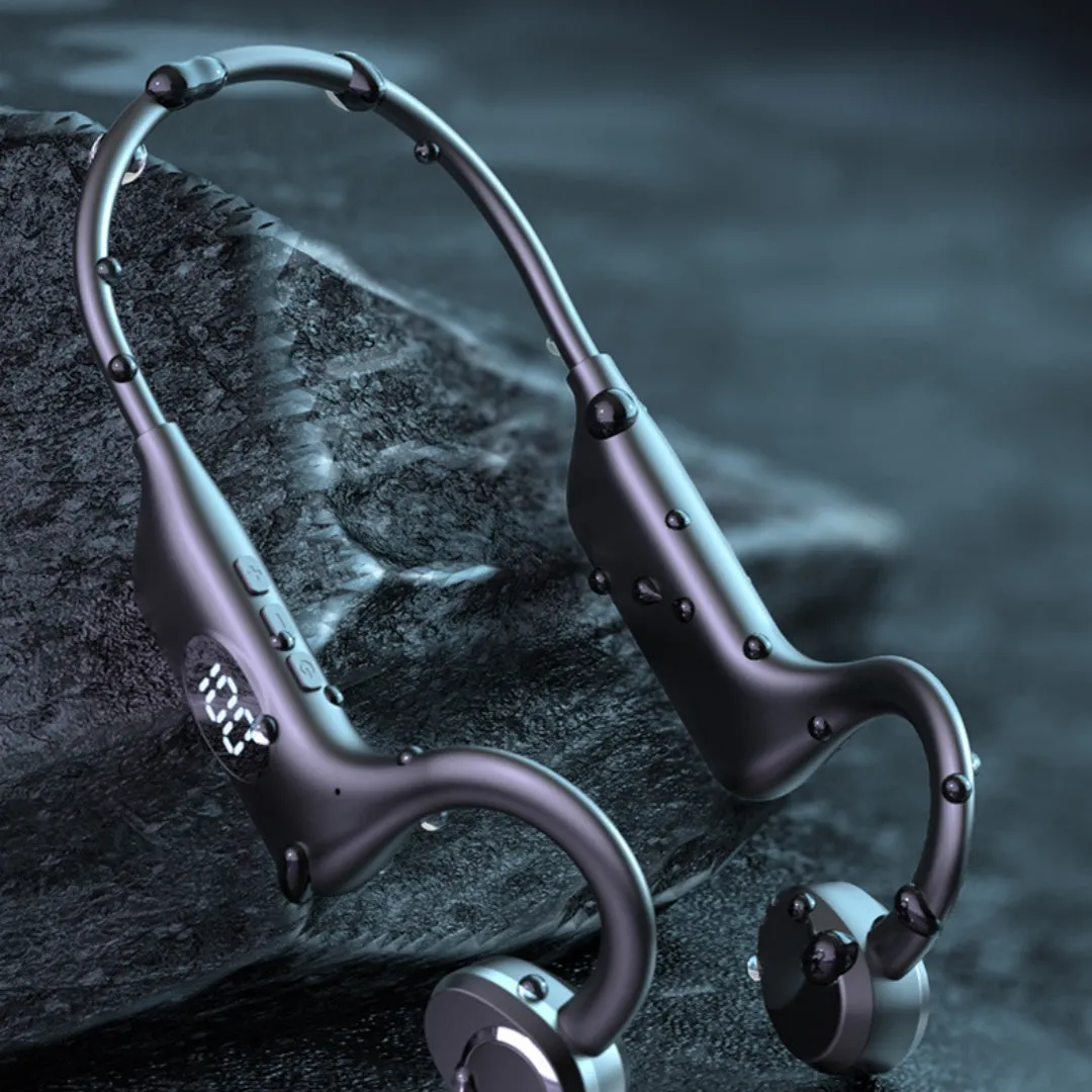 Bluetooth non in-ear sports conduction headset in Black Ultimate Edition with silicone ear hook and digital display