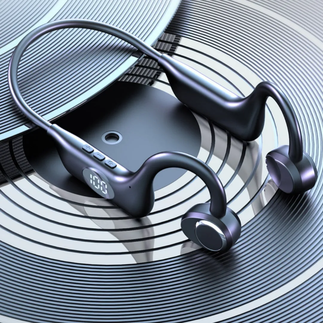 Bluetooth non in-ear sports conduction headset in Black Ultimate Edition with silicone ear hook and digital display