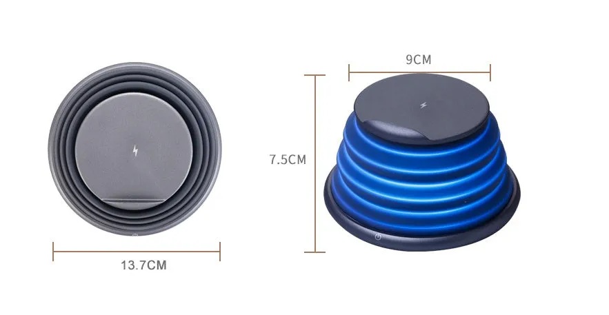 Grey wireless charger pad with silicone surface on a desk, 138mm square shape