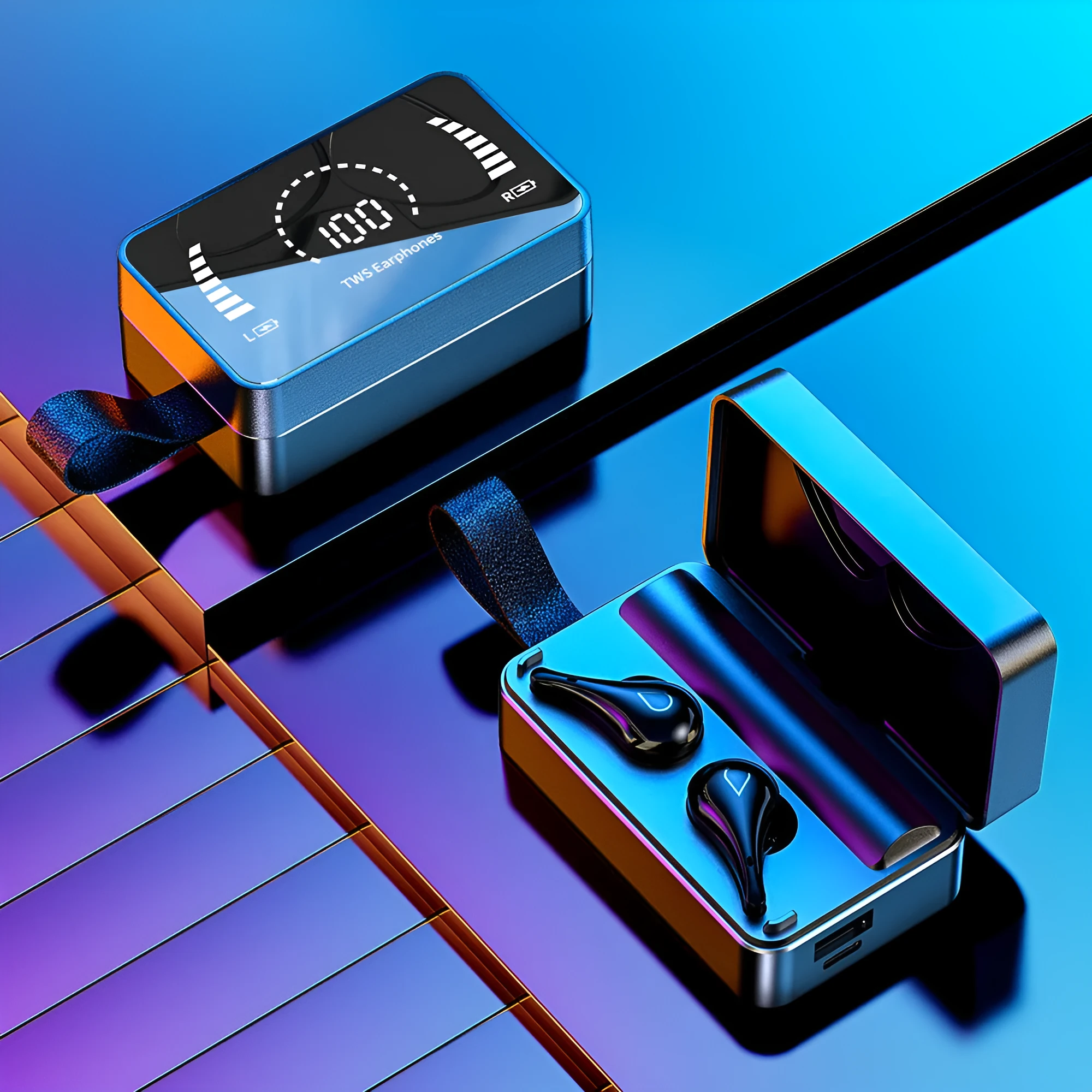 Wireless Bluetooth earbuds with digital display screen available in black and mirror finishes