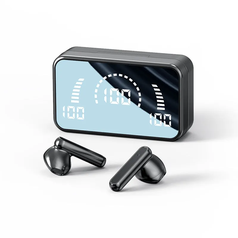 Wireless Bluetooth earbuds with digital display screen available in black and mirror finishes