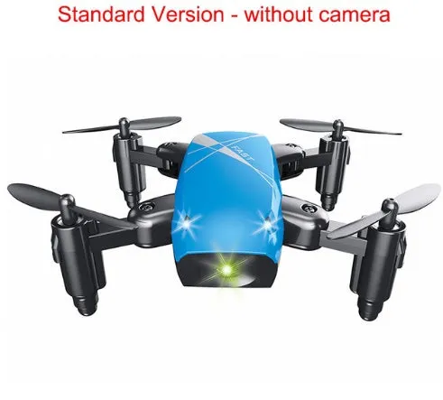 Micro foldable RC drone with 300K WiFi camera in blue, deployed on surface showing foldable arms
