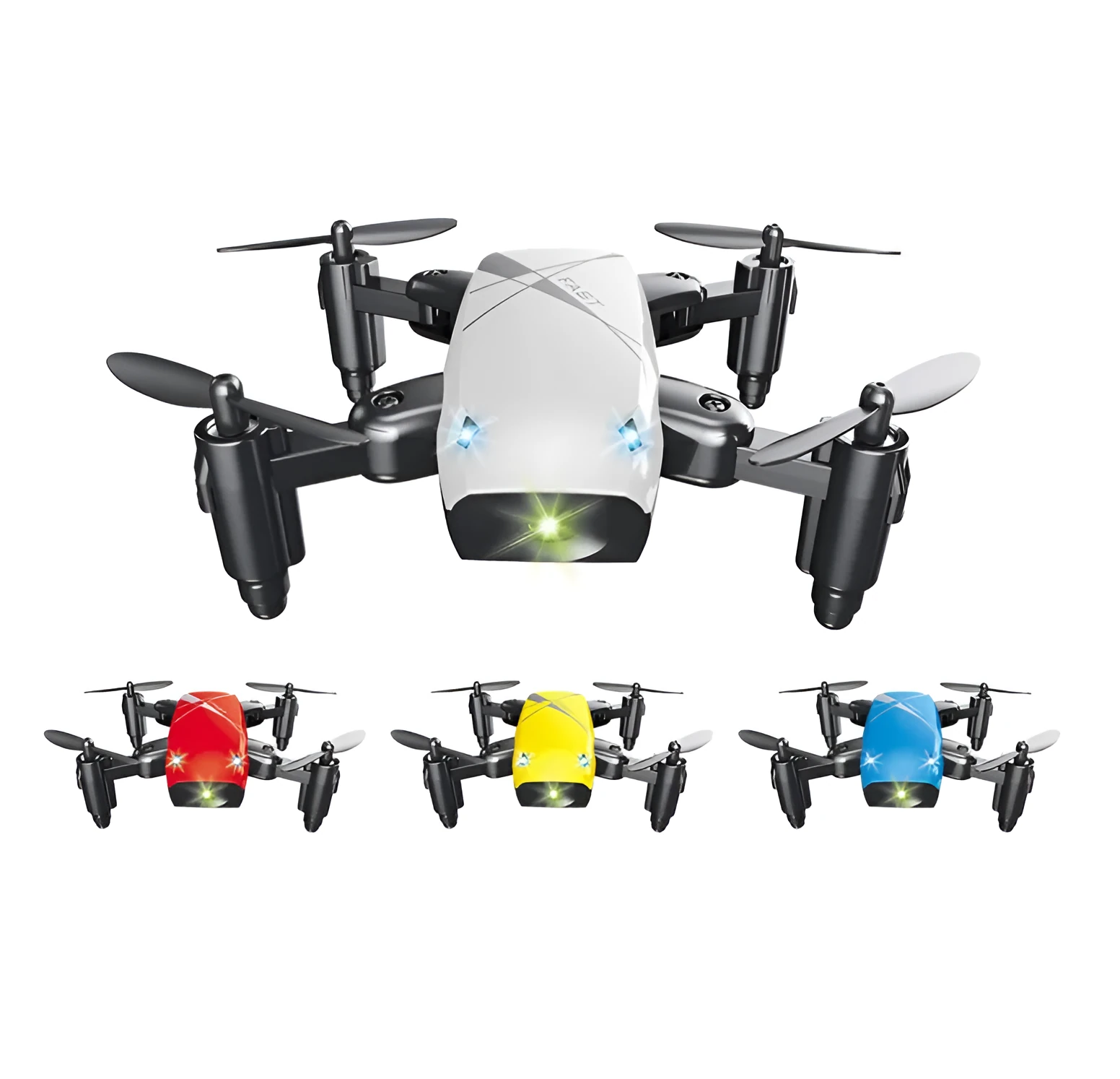 Micro foldable RC drone with 300K WiFi camera in blue, deployed on surface showing foldable arms