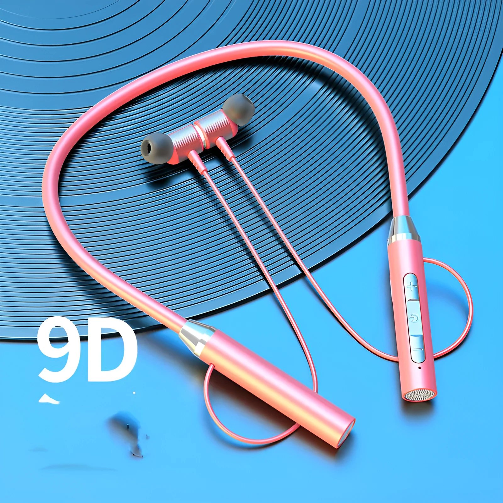 Wireless Bluetooth neck-mounted stereo headset in black with earpieces and neckband
