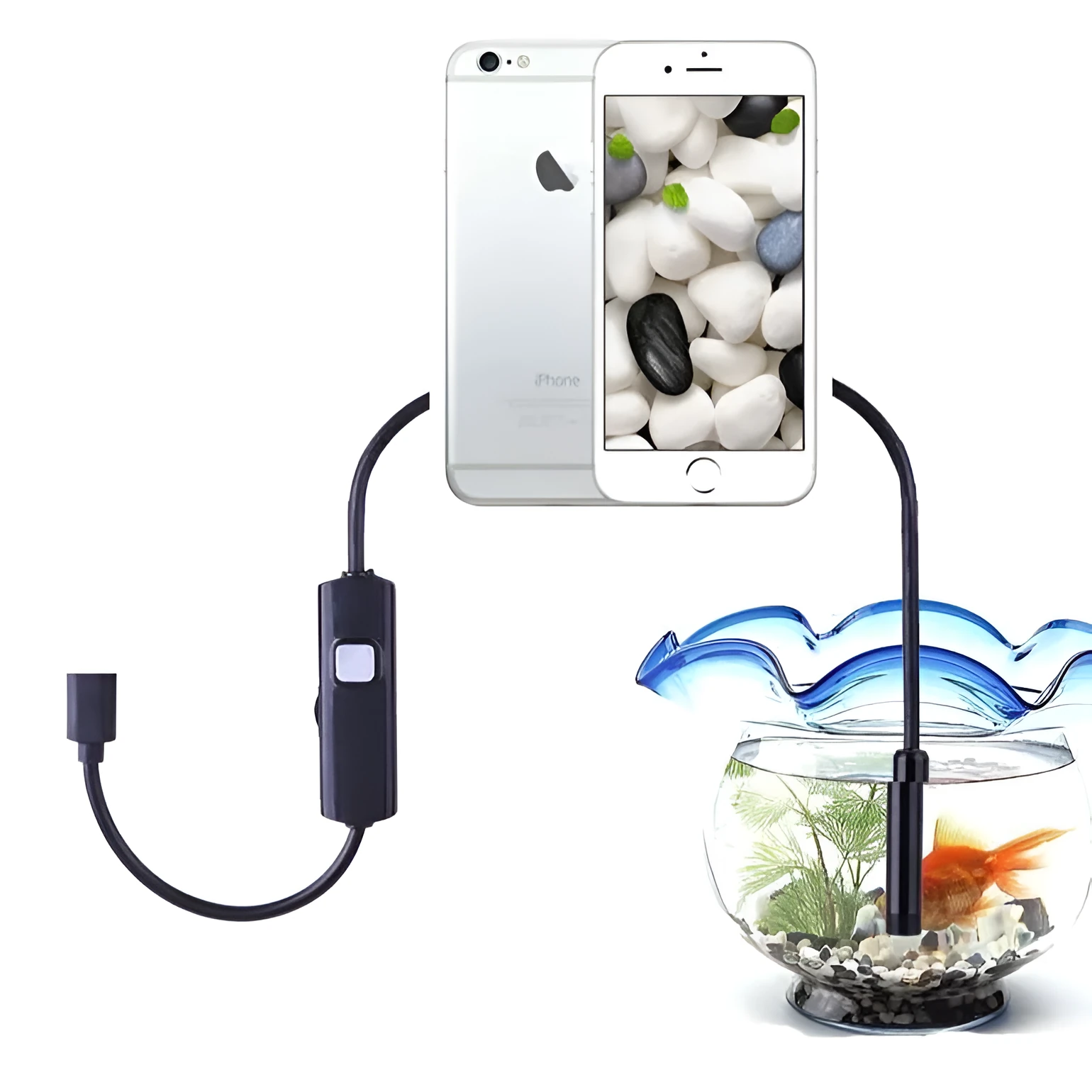 Black three-in-one Android phone endoscope with 5.5 mm probe and type-C Micro USB connectors