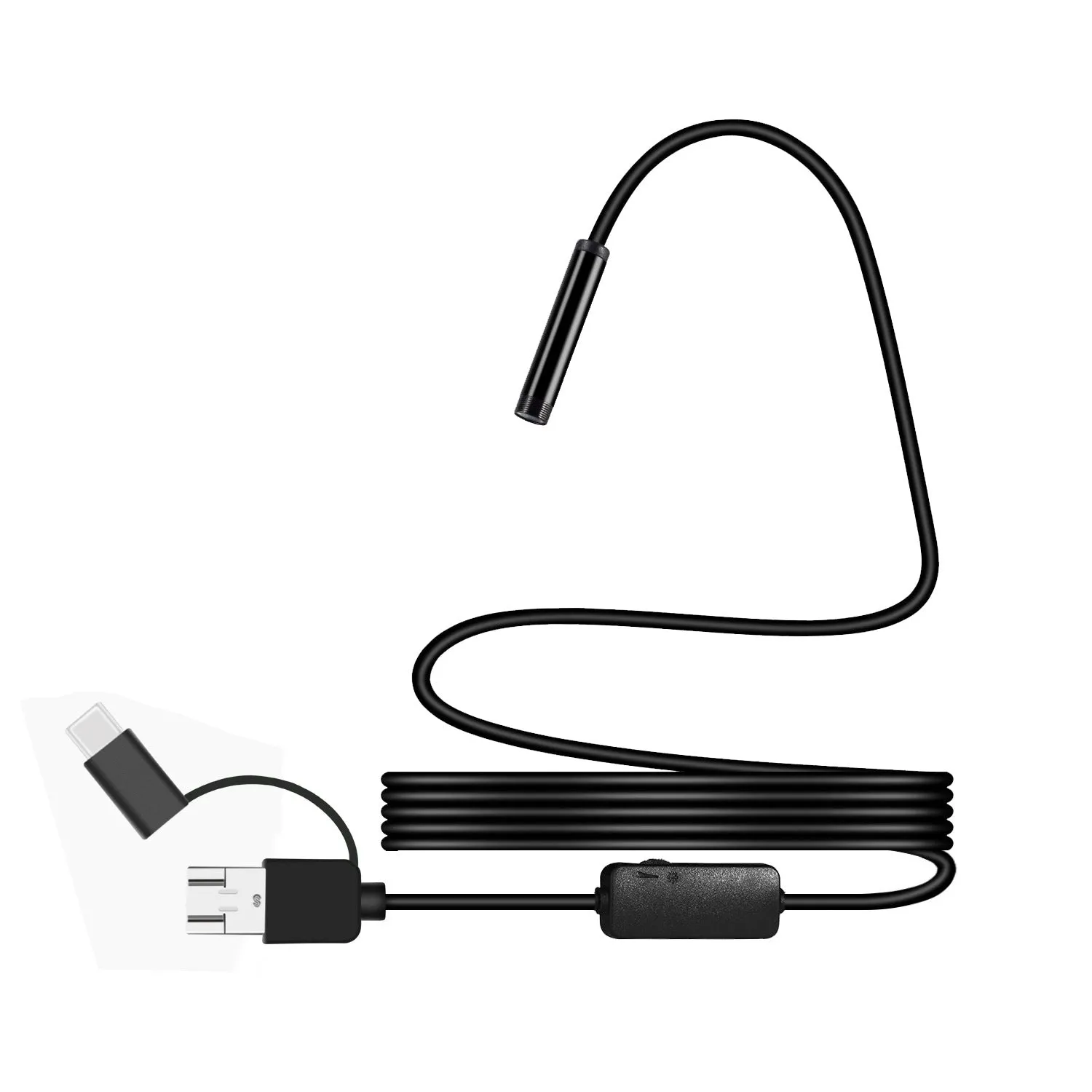 Black three-in-one Android phone endoscope with 5.5 mm probe and type-C Micro USB connectors