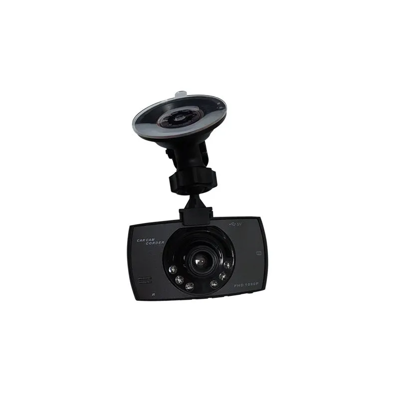 Compact black 1080P night vision dash camera with wide-angle lens mounted on car windscreen