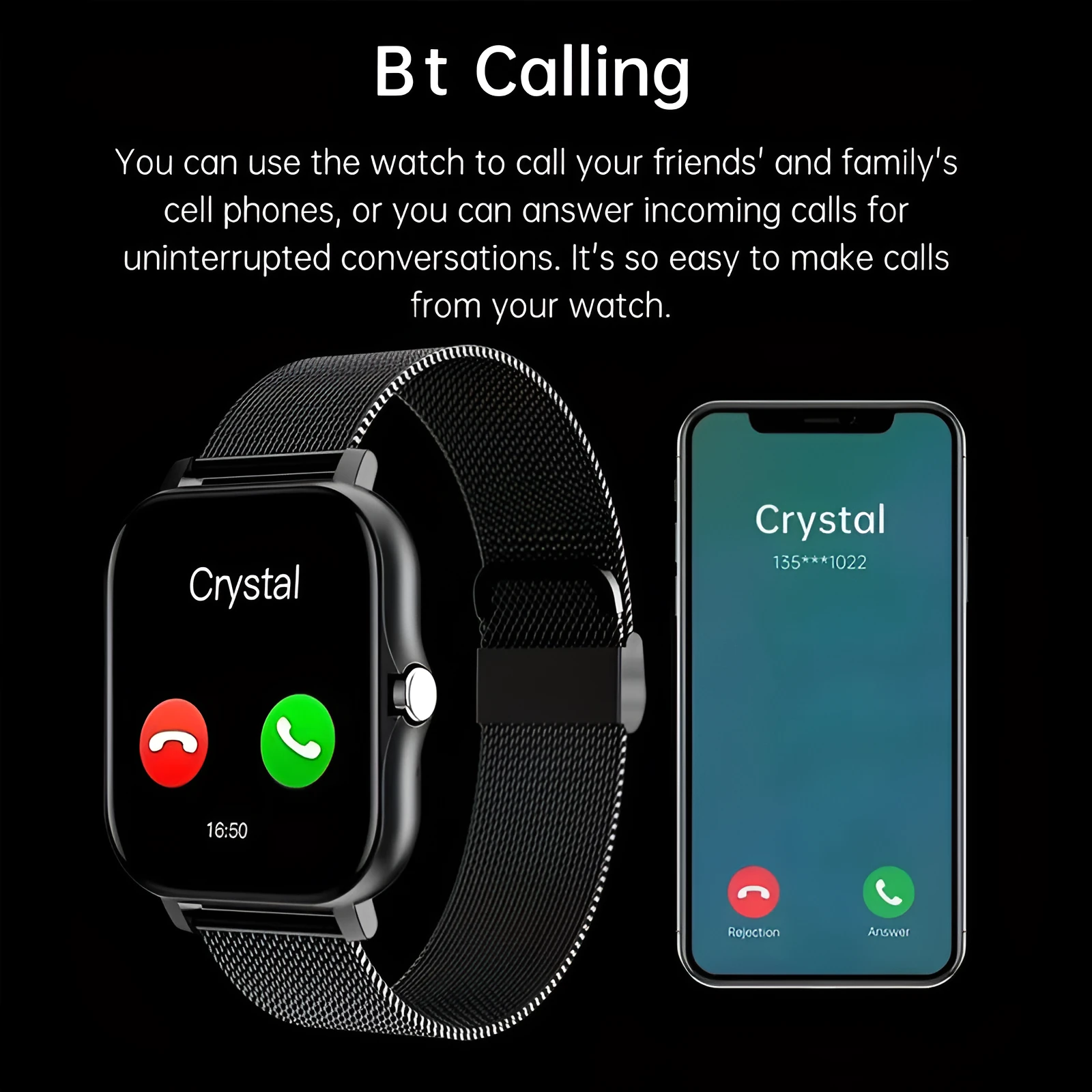 Smart watch with 144-inch touchscreen display showing health metrics and call functions