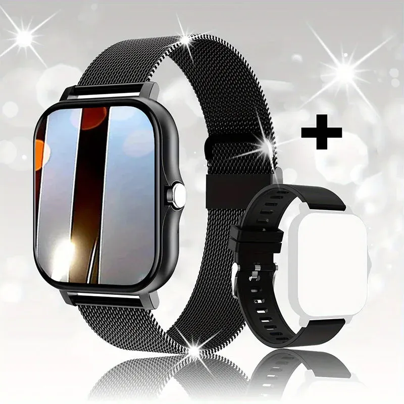 Smart watch with 144-inch touchscreen display showing health metrics and call functions