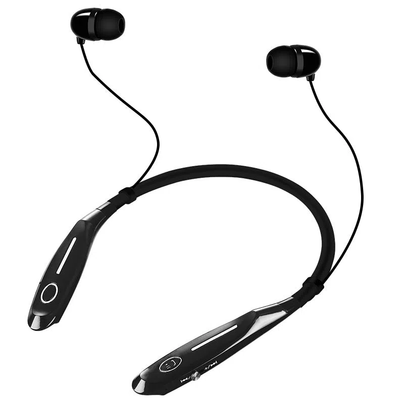 Black Bluetooth 5.0 neck-mounted stereo magnetic sports headphones with power display and call function