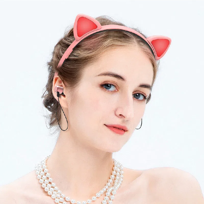 LED glowing Bluetooth cat ear headphones with purple colour and detachable ears on headband