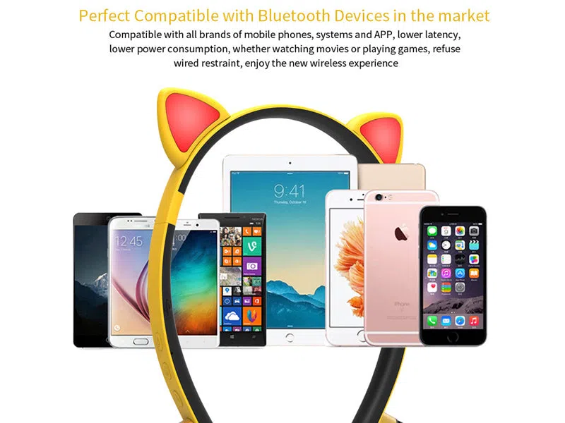 LED glowing Bluetooth cat ear headphones with purple colour and detachable ears on headband