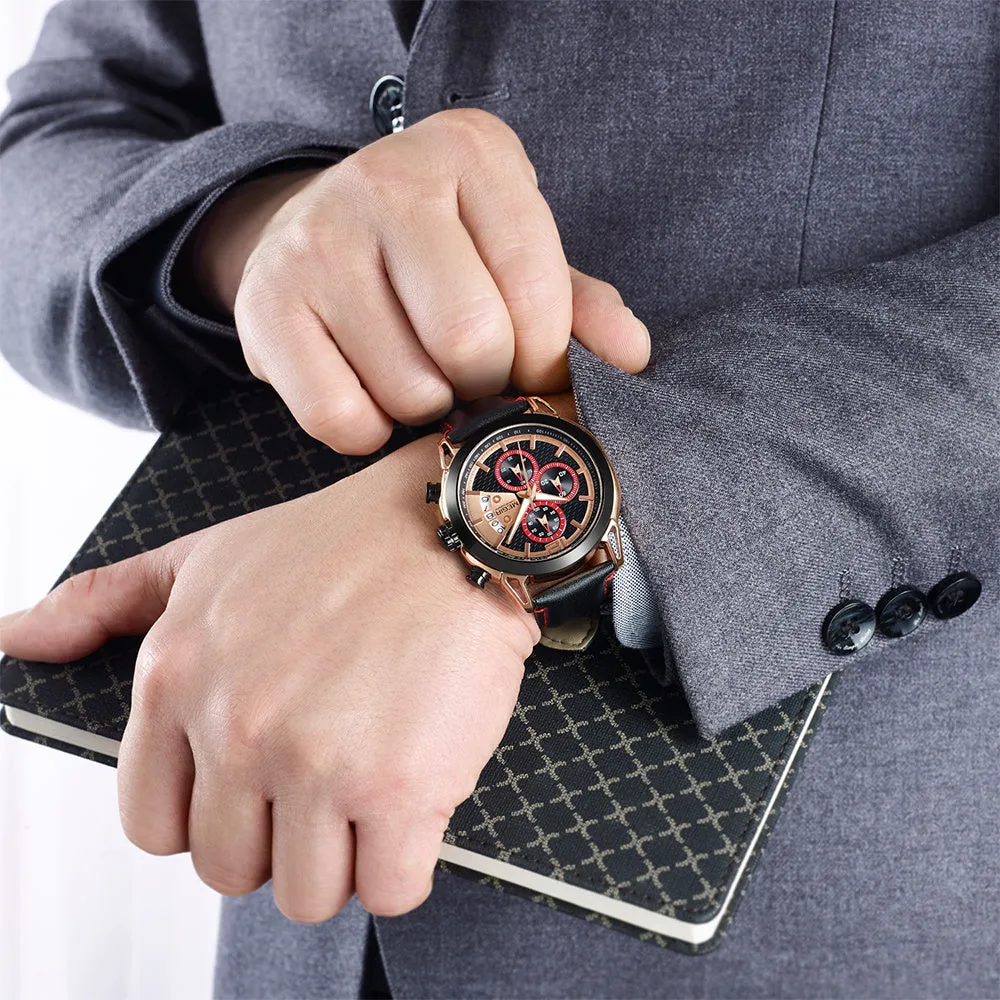Men's black multifunctional waterproof luminous watch with leather strap and chronograph display