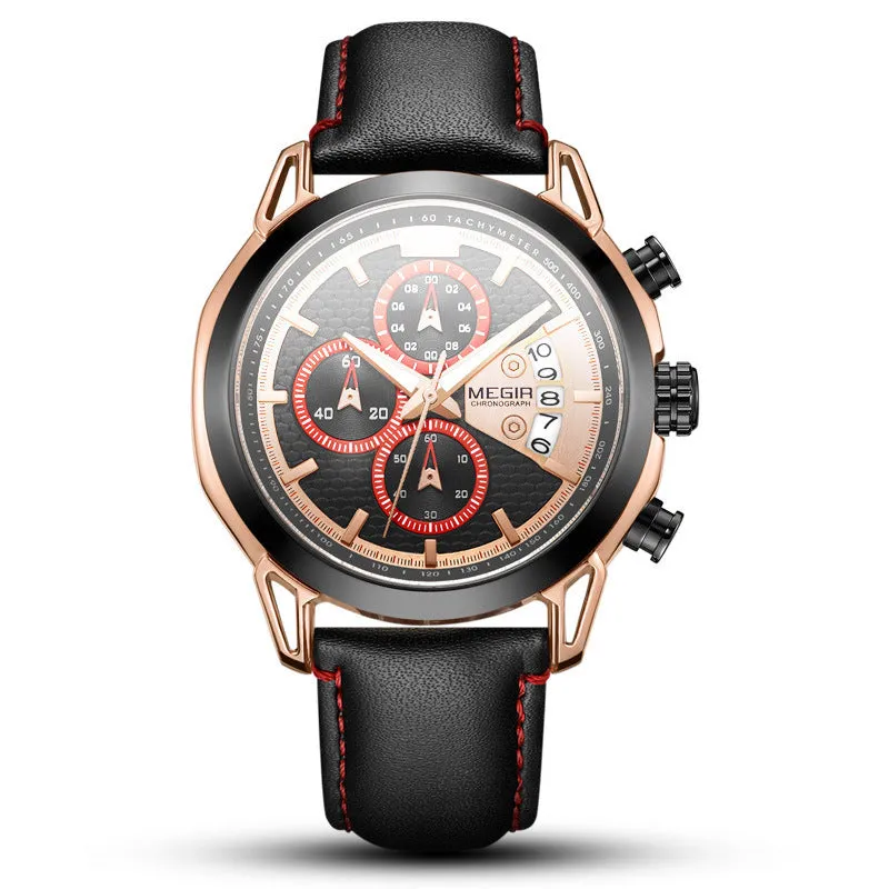 Men's black multifunctional waterproof luminous watch with leather strap and chronograph display