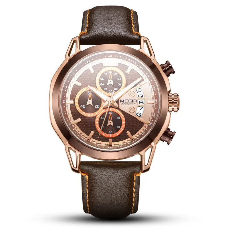 Men's black multifunctional waterproof luminous watch with leather strap and chronograph display