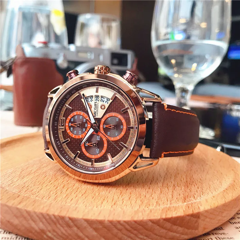 Men's black multifunctional waterproof luminous watch with leather strap and chronograph display