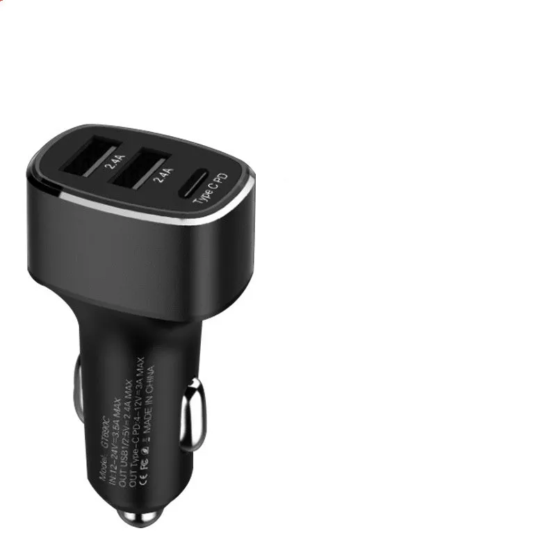 Dual USB Type C car charger with black or grey housing for cigarette lighter fast charging