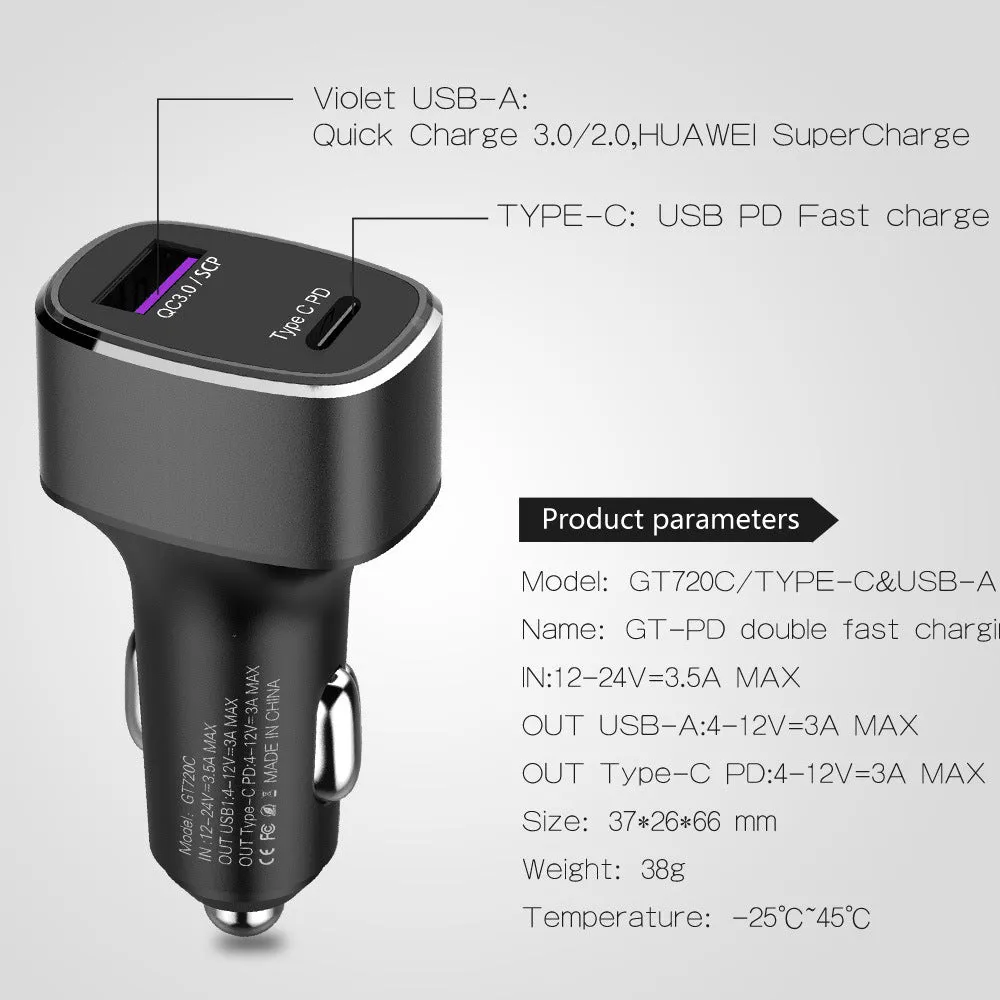 Dual USB Type C car charger with black or grey housing for cigarette lighter fast charging
